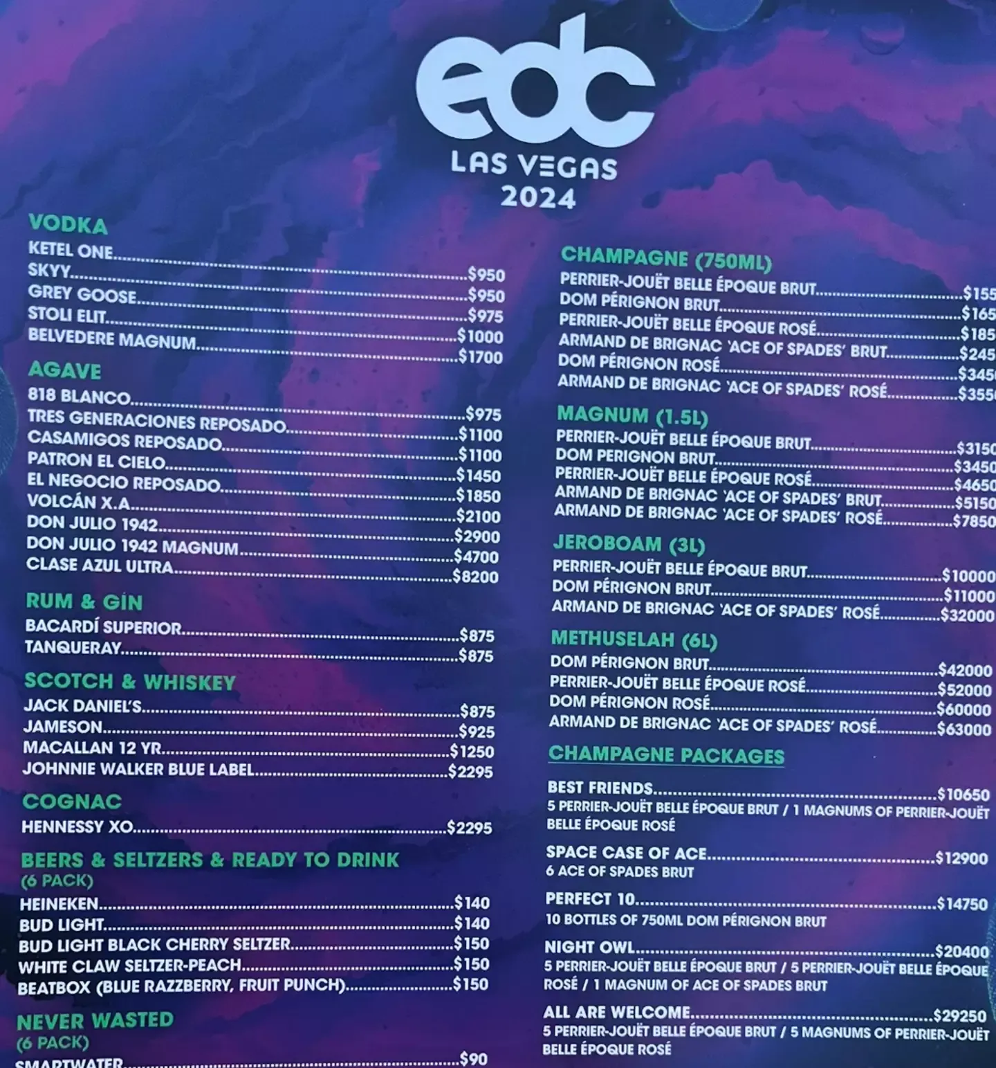 Waanzinnige prijslijst EDC Las Vegas gaat viraal: 58.000 euro voor een fles champagne, enzovoort!