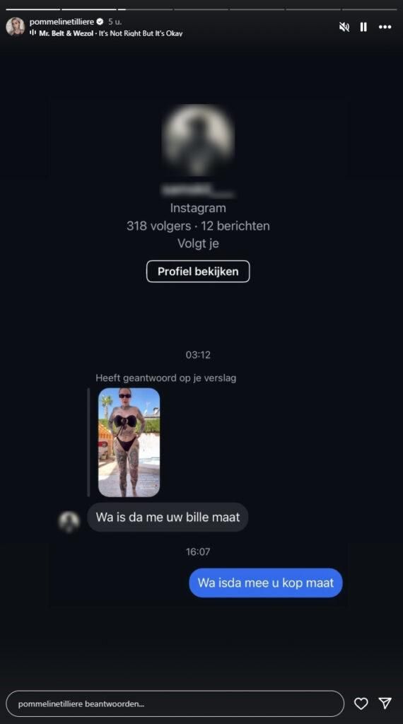 Temptation-Pommeline deelt billenfoto, krijgt kritiek van volger en pakt uit: "Wa is da me uwe kop maat!?"