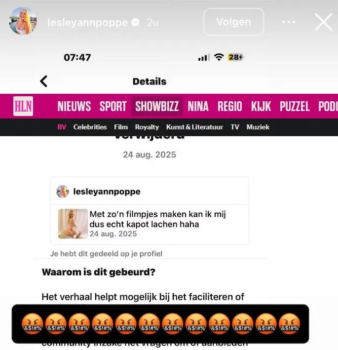 Lesley-Ann Poppe razend nadat Instagram haar lingerievideo verwijderd, en dat maakt ze even flink duidelijk