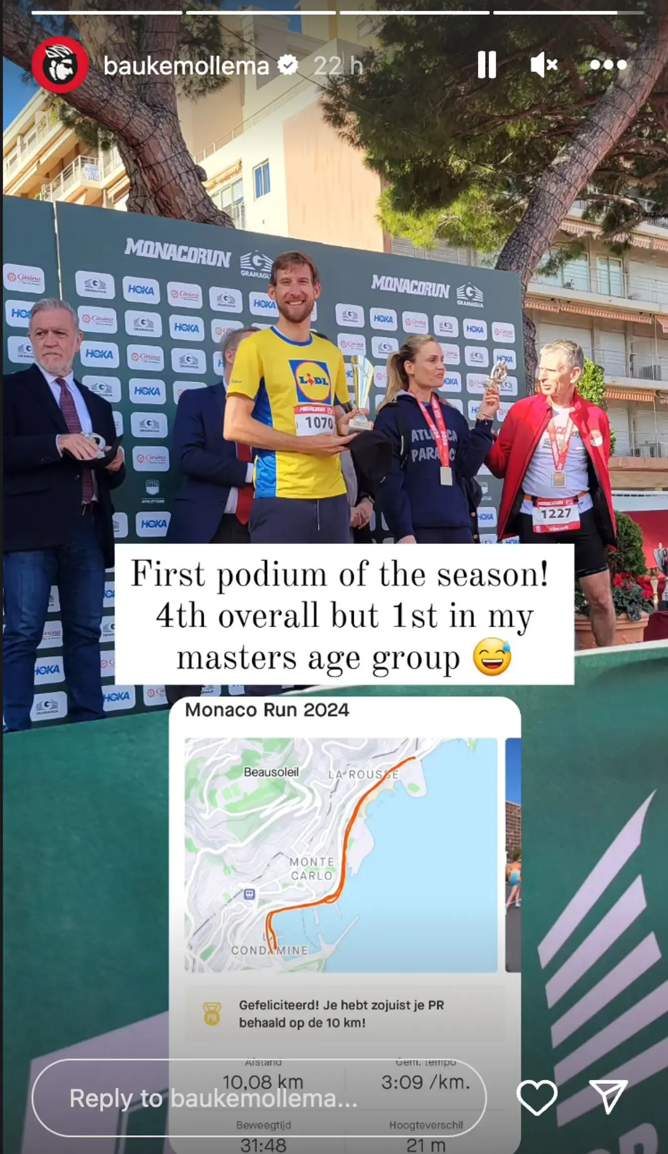 Bauke Mollema takes 'first podium of the season' after clocking 31:48 in Monaco 10km run