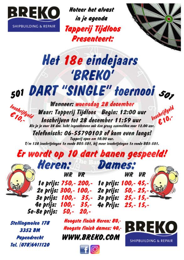 Groots dartstoernooi in Tapperij Tijdloos op woensdag 28 december