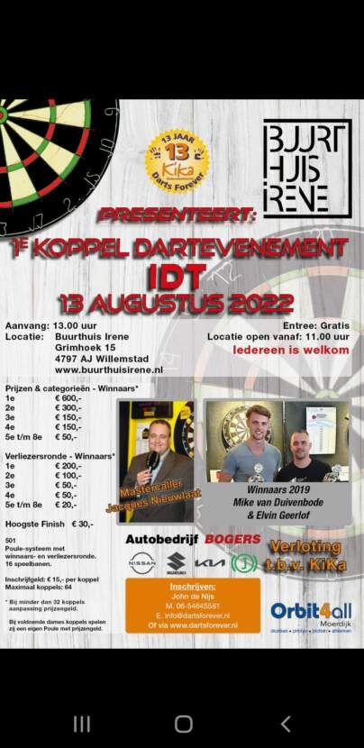 Zaterdag 13 augustus is eerste editie van koppel dartevenement IDT