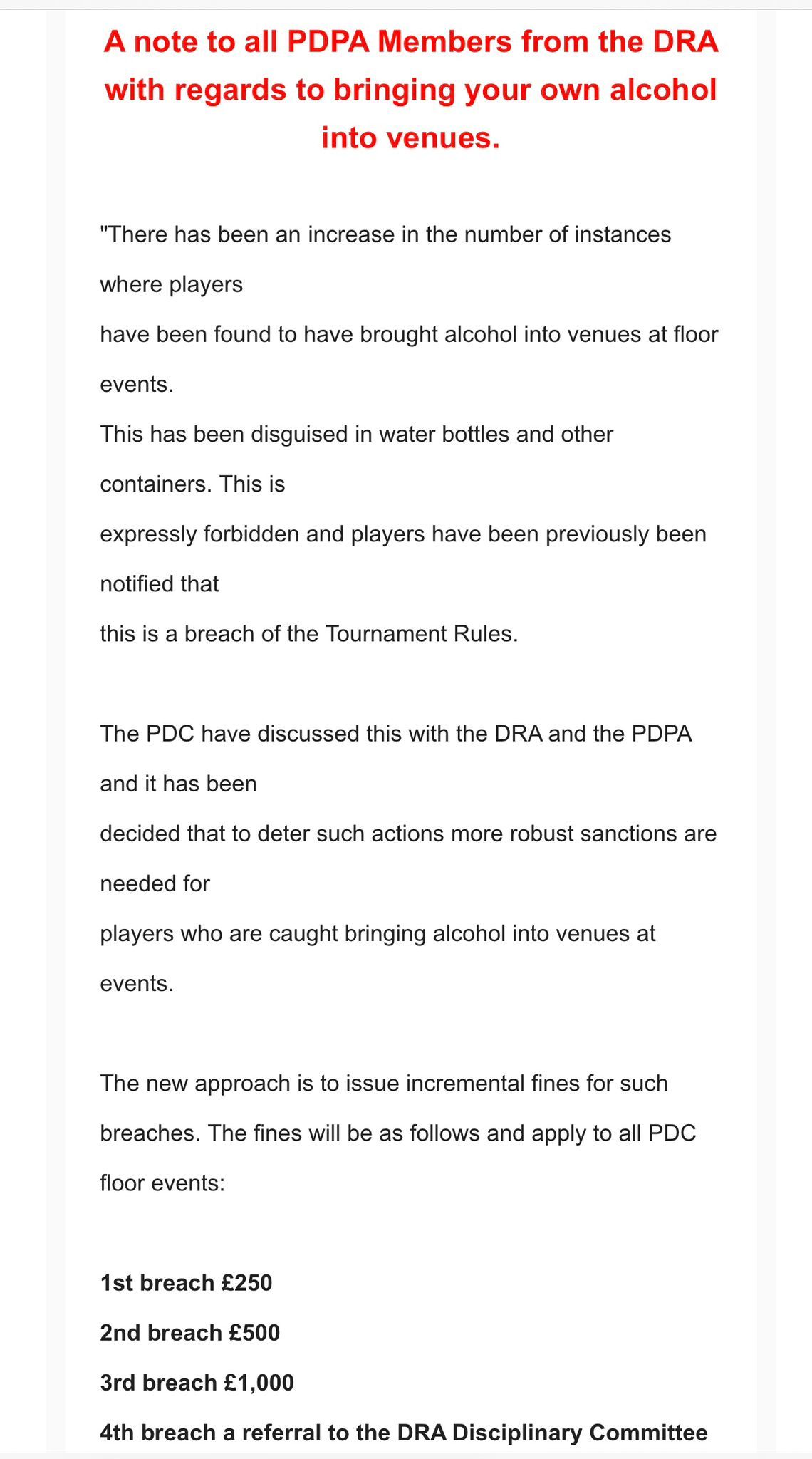 PDC wil spelers die alcohol meesmokkelen naar dartstoernooien strenger straffen