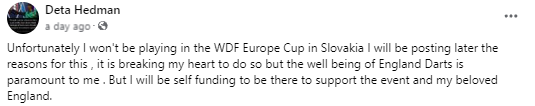 Deta Hedman wil Engelse team niet duperen en meldt zich af voor WDF Europe Cup