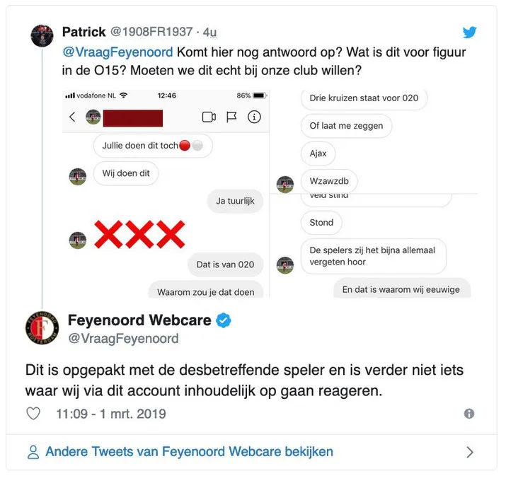 'Jeugdspeler Feyenoord gaat de mist in op sociale media'