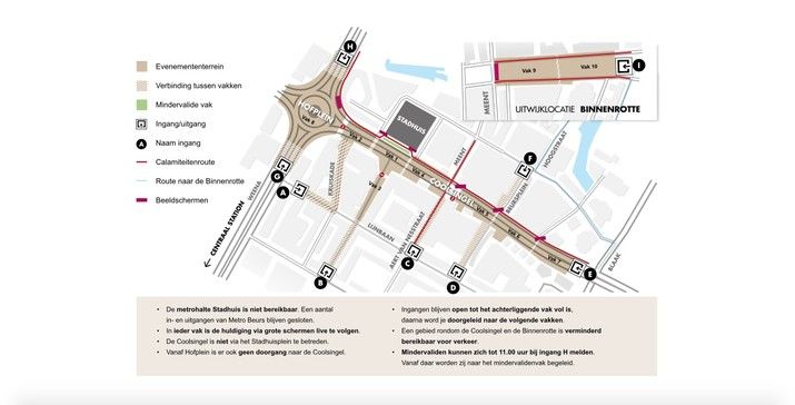 Grote schermen en vakkenindeling op Coolsingel bij huldiging
