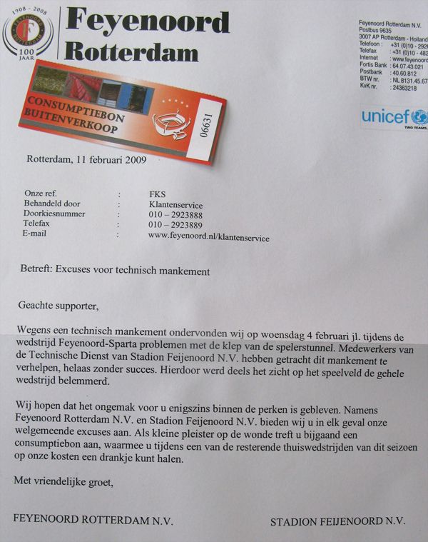 Feyenoord biedt fans een consumptie bon aan