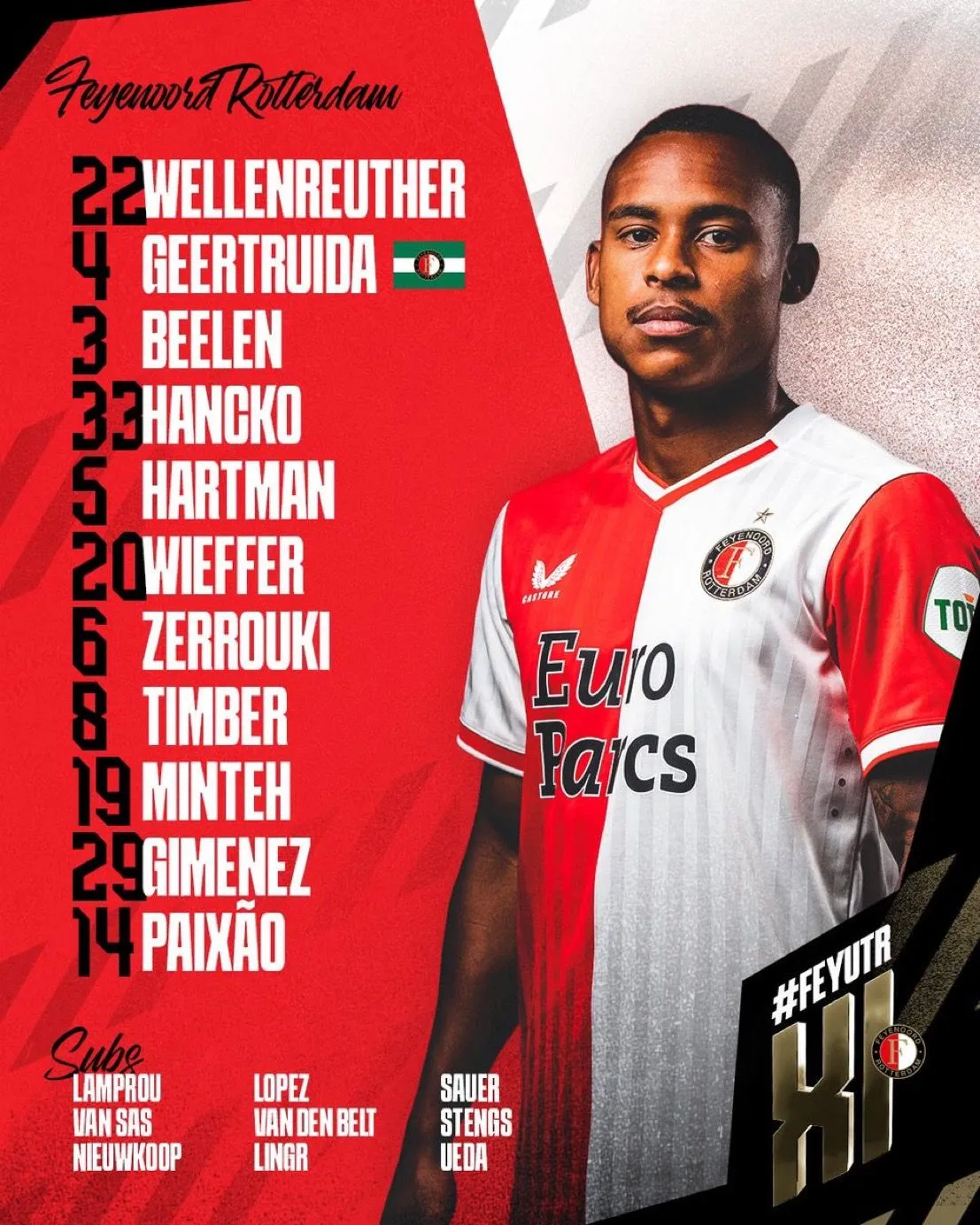 Dit is de opstelling van Feyenoord tegen FC Utrecht