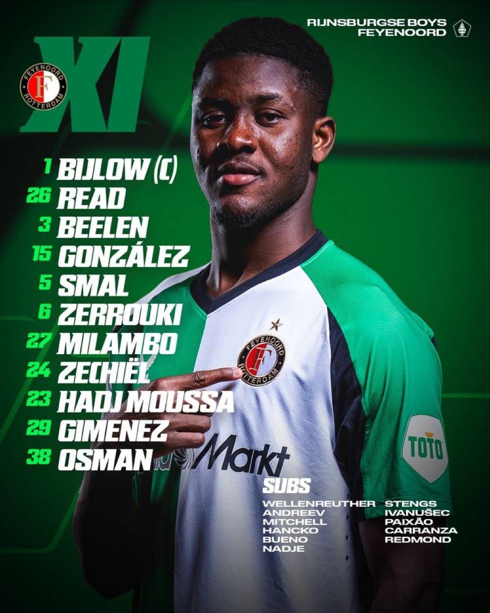 Dit is de opstelling van Feyenoord tegen Rijnsburgse Boys