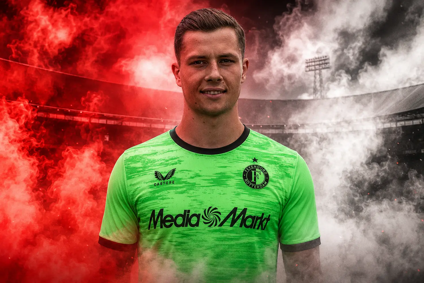 Tjark Ernst in het nieuwe groene keepersshirt van Feyenoord met rode en witte rook in De Kuip.