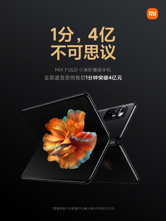 Xiaomi MIX Fold Exceeded 400 Million Yuan ($61 Million) In 1 Minute