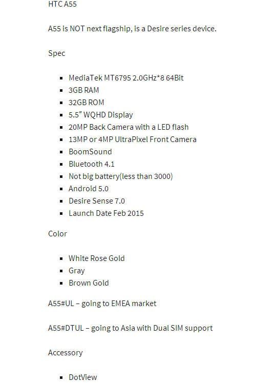 Purported HTC A55 specifications boast MT6795 chip and 3GB RAM