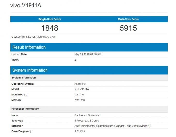 Vivo Z5x appears on GeekBench with 8GB RAM and Android 9 Pie