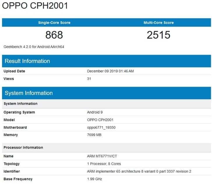 Two Oppo phones appeared on Geekbench with 8GB RAM + MediaTek P60