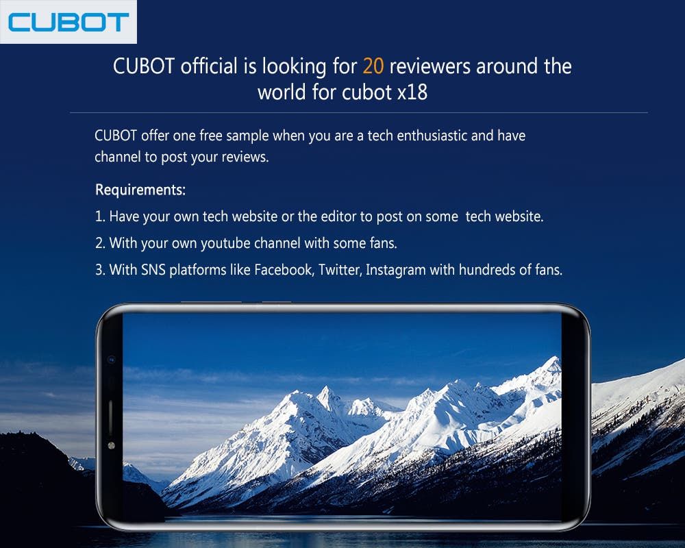 Cubot will be selecting 20 Reviewers for the upcoming Cubot X18