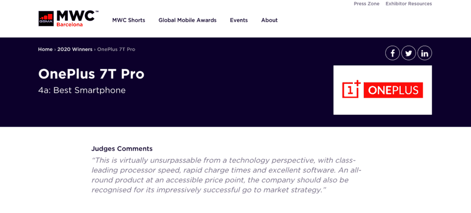 GSMA Announces Best Smartphone Award: OnePlus 7T Pro Wins