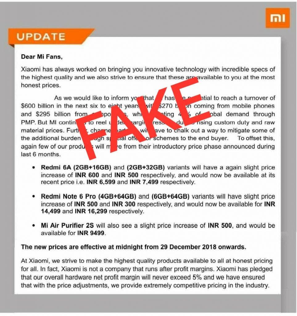 Xiaomi denies a purported price increase for some products in India