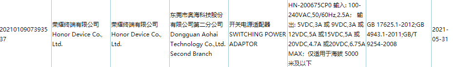 Honor's 135W charging adapter appears online