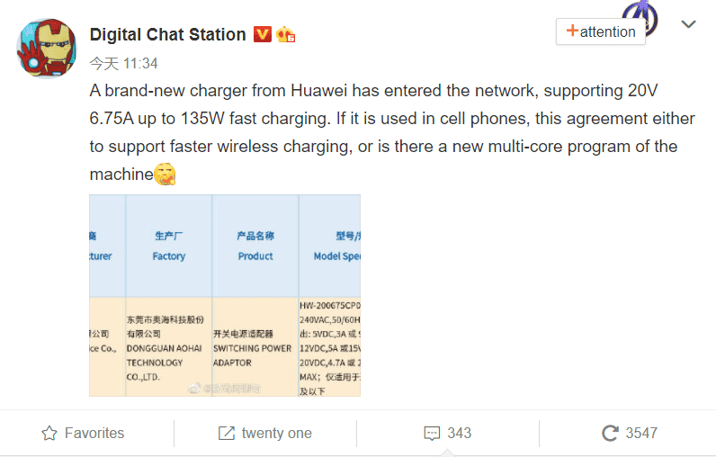 Huawei's new 135W charging adapter gets 3C certification
