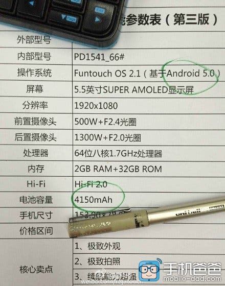 Vivo X5Pro Specifications posted, show 4150mAh battery