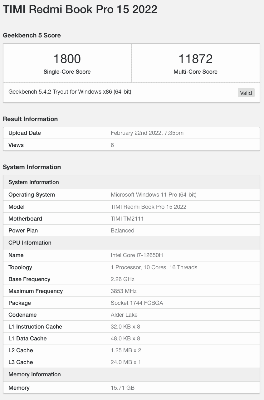 RedmiBook Pro 2022 Appeared On GeekBench With 12th-gen Core H45 Processor