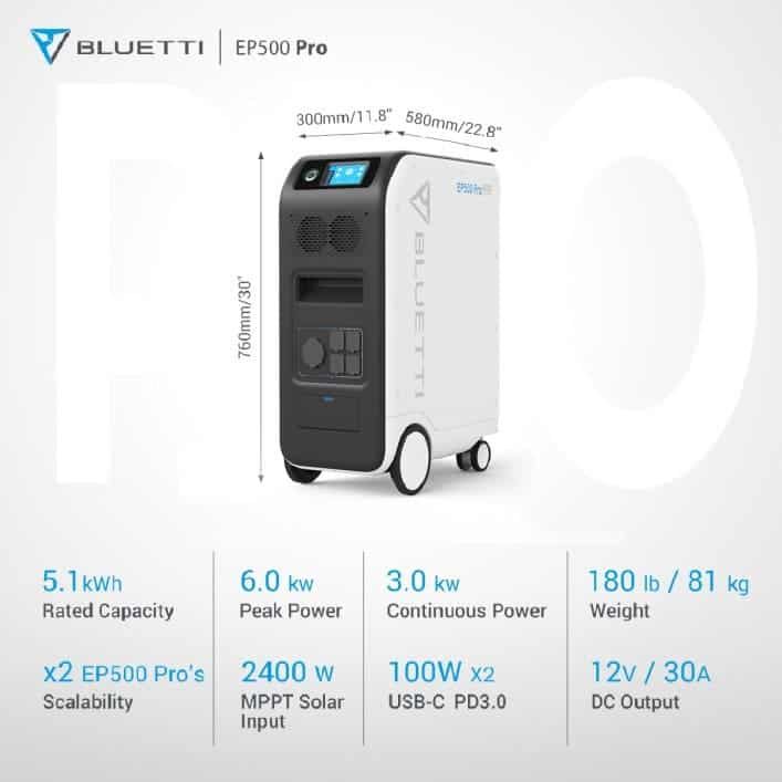 Specs for BLUETTI EP500 Pro mobile solar battery