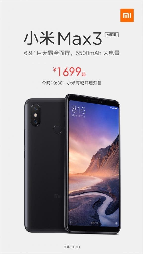 Xiaomi Mi Max 3 To Commence Pre-Sale Tomorrow For 1699 Yuan ($250)