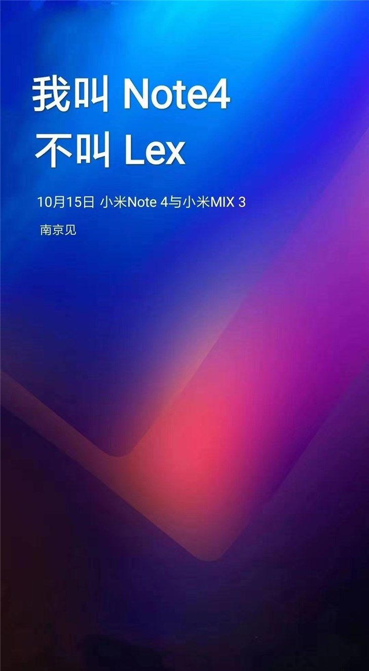 Xiaomi LEX to launch as Mi Note 4 alongside Mi MIX 3 on October 15