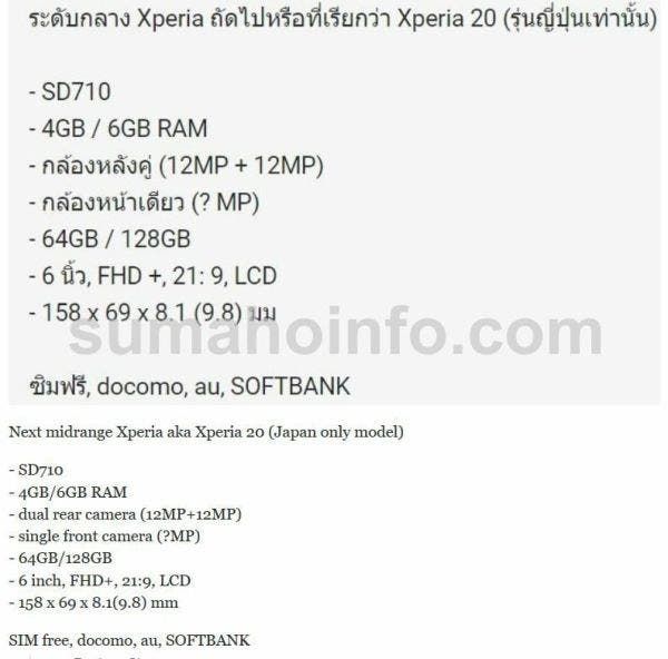 Xperia 20 leaked specs tips SD 710 SoC