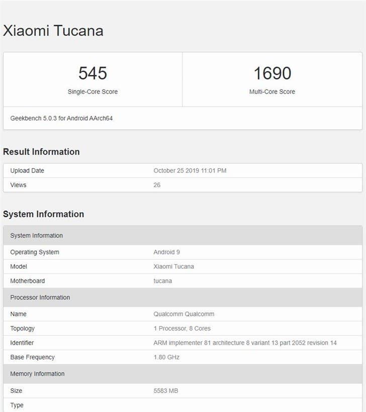 Xiaomi Mi CC9 Pro key specs revealed through Geekbench