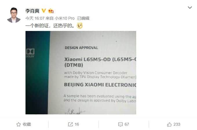 New 65-inch Xiaomi TV will support Dolby Vision