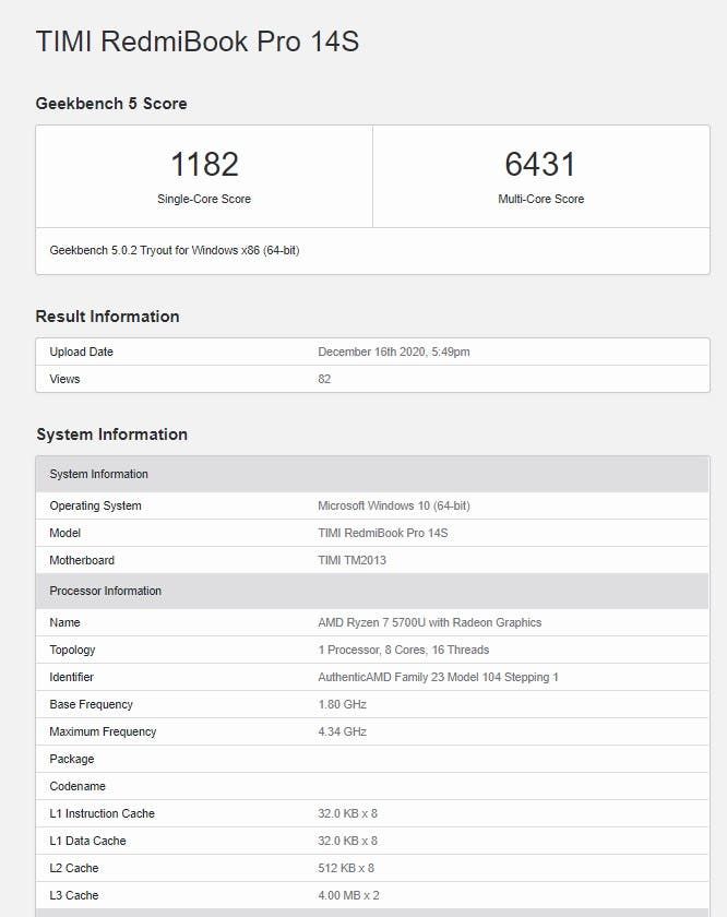 RedmiBook Pro 14S Leaked In GeekBench With AMD R5 5700U Processor