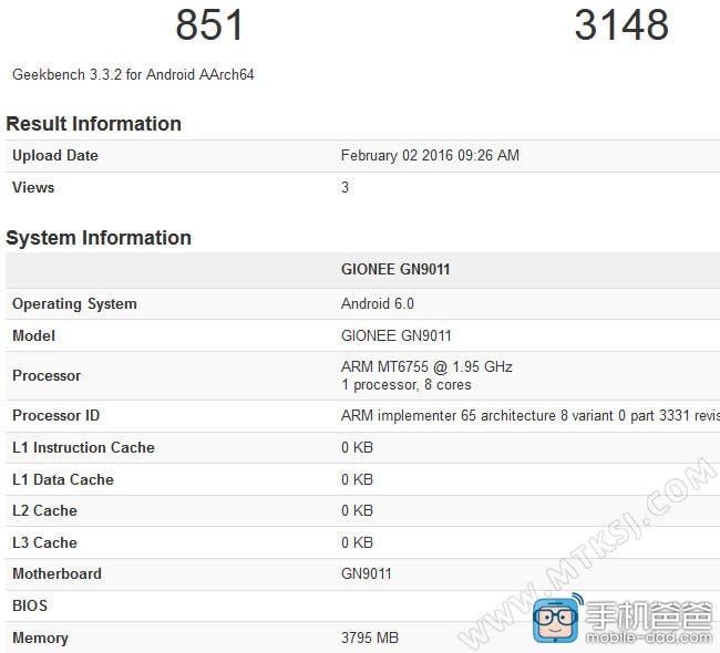 Flagship Gionee  GN9011 with Helio P10 found on Geekbench