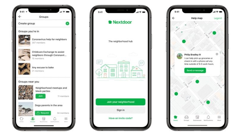 Facebook Neighborhood, Zingr and Nextdoor. Social apps to connect people and local business