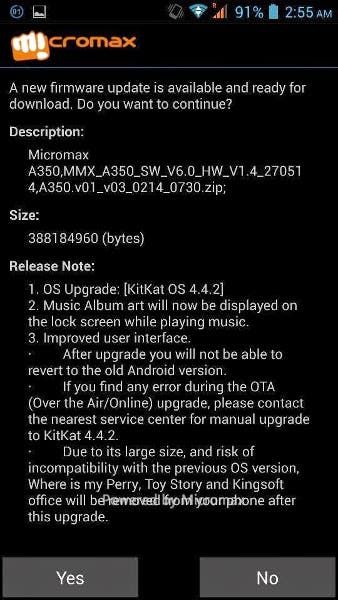 MT6592T powered Micromax Canvas Knight A350 gets Android v4.4.2