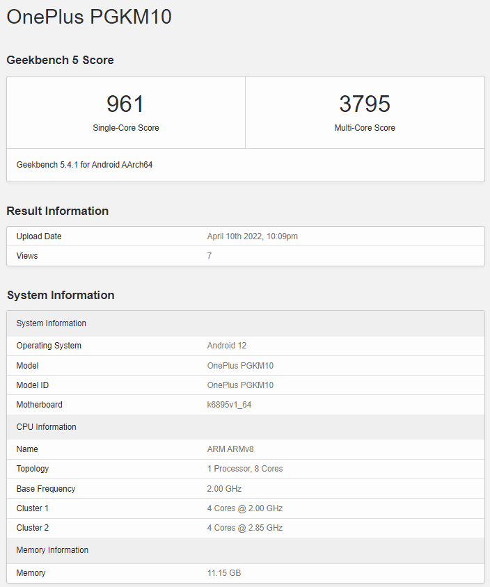 OnePlus Ace with Dimensity 8100 appears on GeekBench