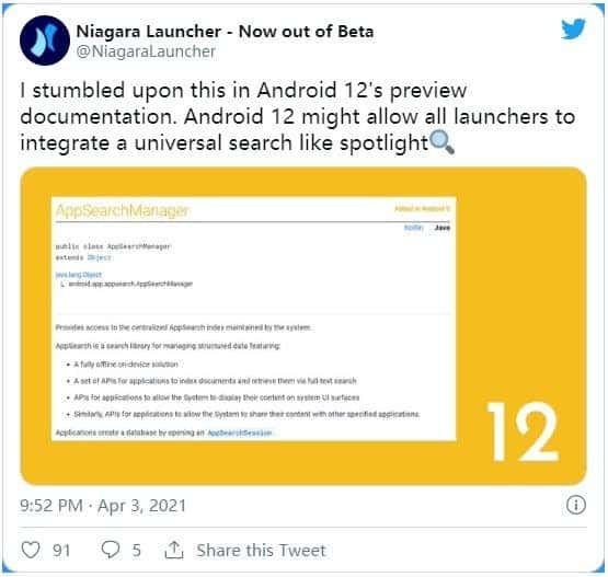 Android 12 adds a global search API for third-party launchers