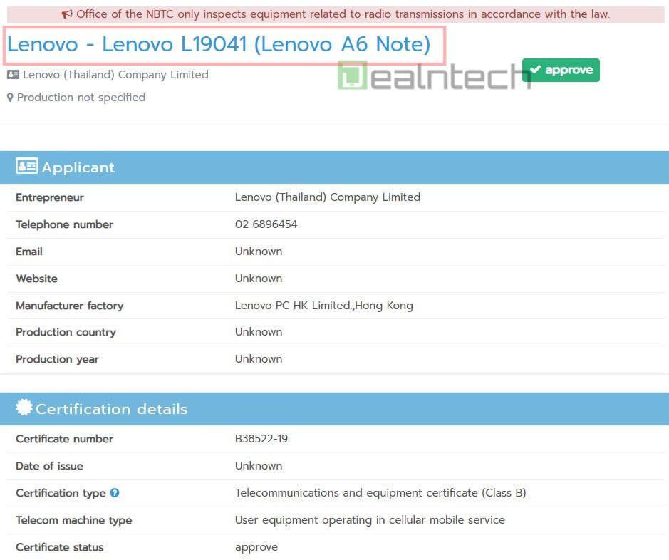 Lenovo A6 Note bags Thailand’s NBTC approval
