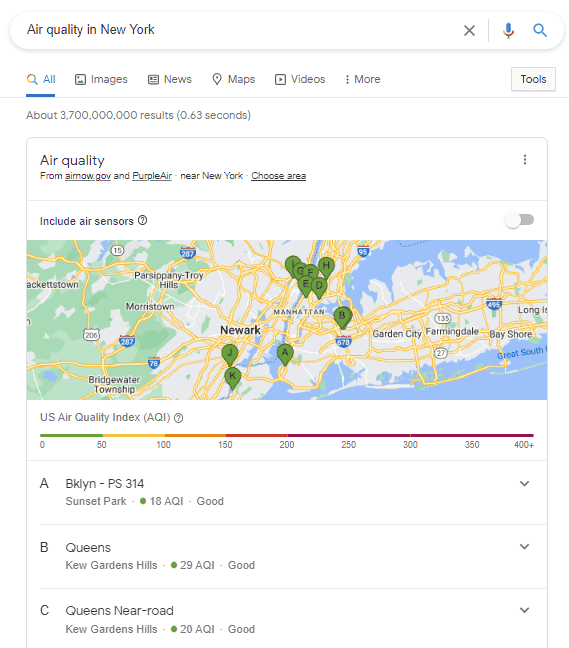 Google Search now supports air quality index for U.S. cities