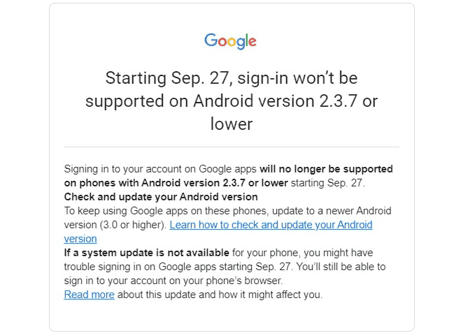 Users of old Android versions will no longer be able to use Google apps and services
