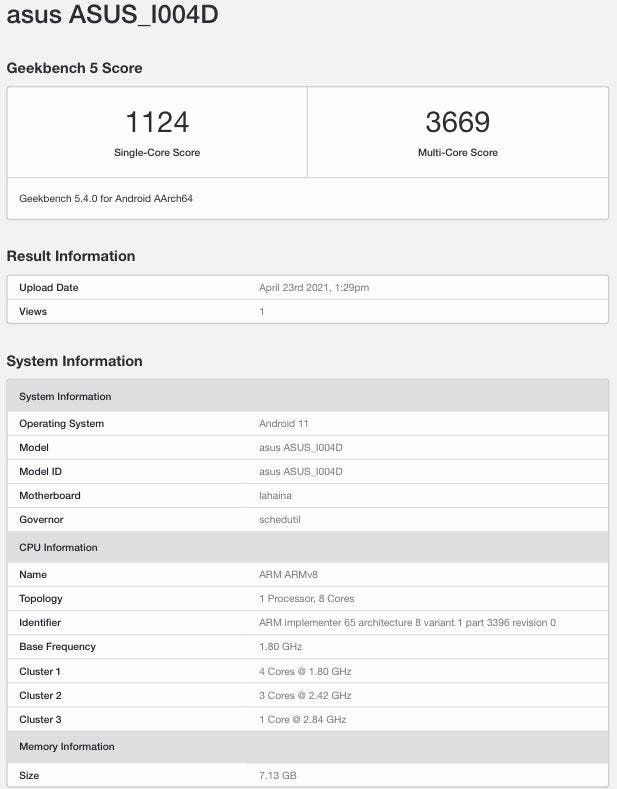 Asus ZenFone 8 is spotted on Geekbench with Snapdragon 888