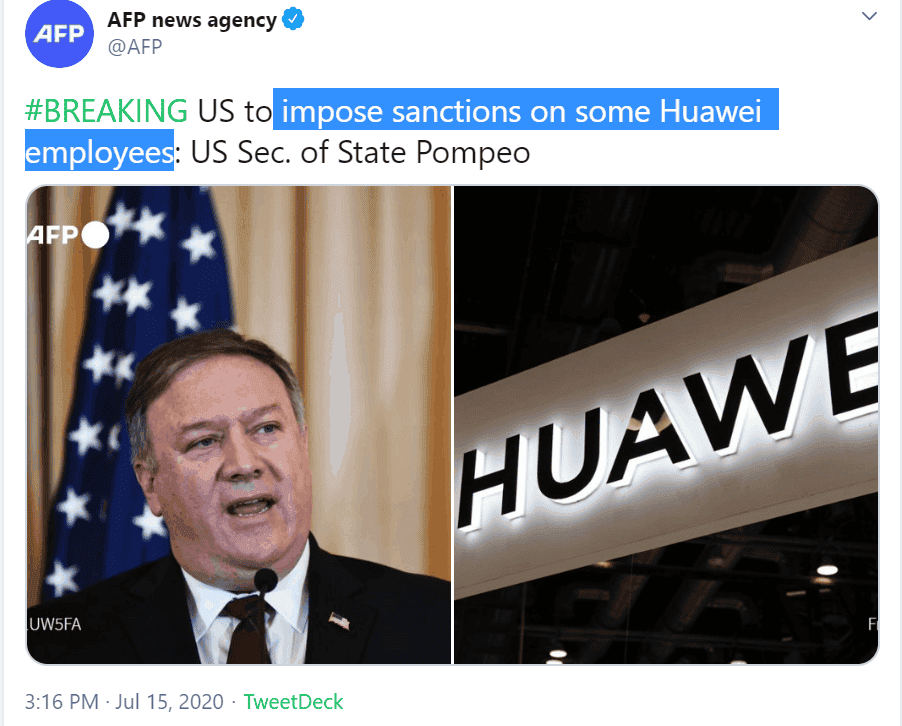 U.S. declares that it will impose visa restrictions on Huawei employees