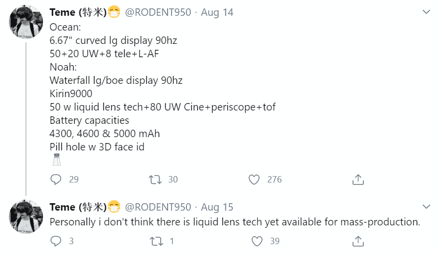 Huawei Mate 40 series to use a new liquid camera technology