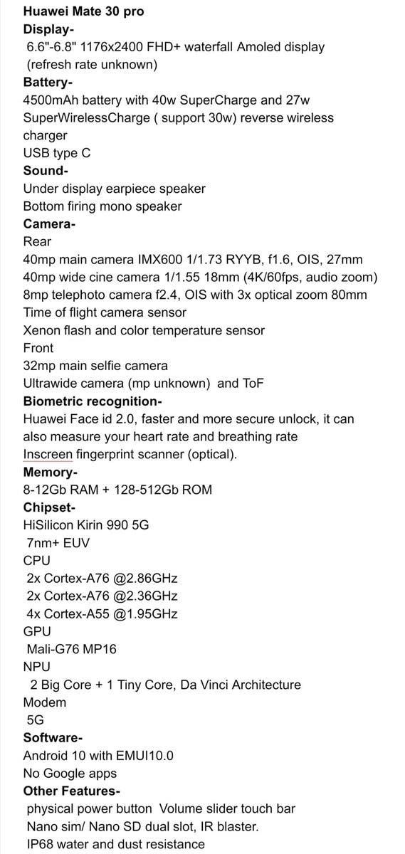 Huawei Mate 30 Pro: the complete specs sheet has leaked