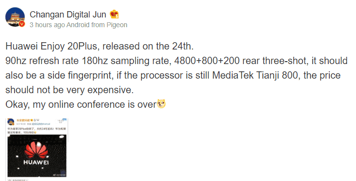 Huawei Enjoy 20 Plus mid-range 5G smartphone will arrive soon