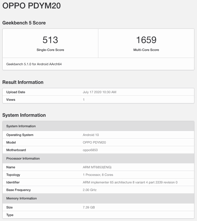 OPPO A72 5G Variant Appeared On GeekBench Database