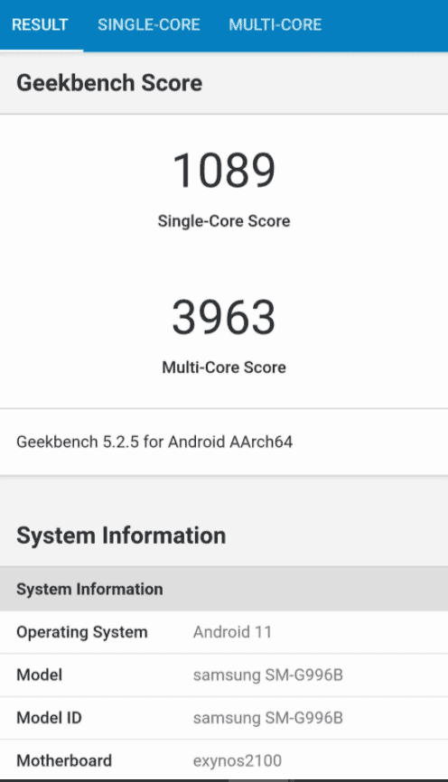 Exynos 2100 SoC latest Geekbench 5 score is almost the same as SD888