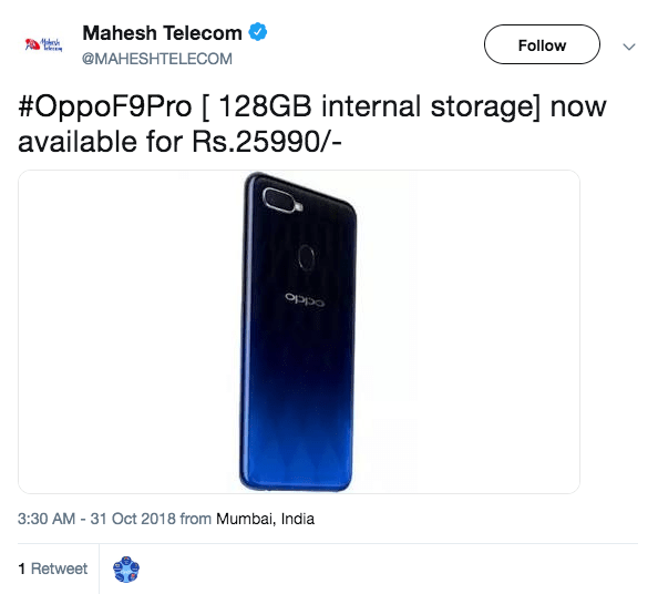 Oppo announces 128GB storage model of the Oppo F9 Pro in India