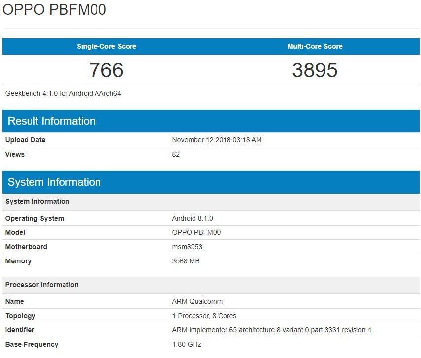 OPPO A7 Spotted on Geekbench, Coming with a Snapdragon 450