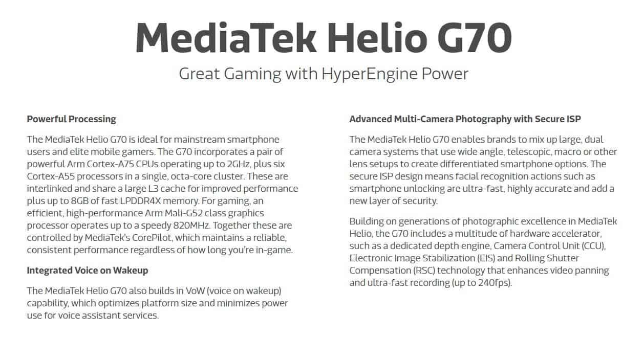MediaTek Helio G70 Mid-Range SoC Officially Announced